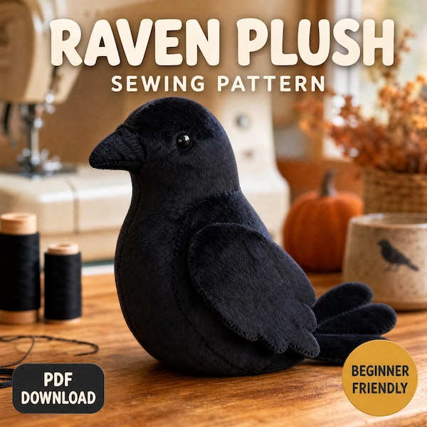 Raven Plush Sewing Pattern, Black Crow Stuffed Animal PDF, Gothic Bird Softie Template with Step-by-Step Tutorial, Instant Digital Download
