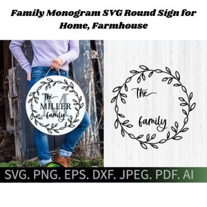May include: A round sign with a wreath of leaves and the text "The Miller family" in a black and white color scheme. The sign is perfect for a farmhouse or home decor.