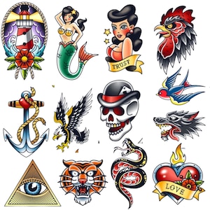 Set di vettori di tatuaggi tradizionali - Disegni della vecchia scuola con teschi, rose, cuori e altro, download istantaneo Pro Digital