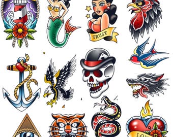 Old School Tattoo Art Vector Set – Skulls, Roses, Hearts (Digital Download)