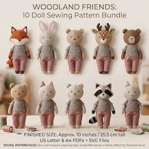 Pacchetto aggiornato di modelli per cucire bambole di animali del bosco, 10 modelli di animali di peluche con vestiti, bambola di pezza da 25 cm in formato PDF, modelli stampabili in formato SVG