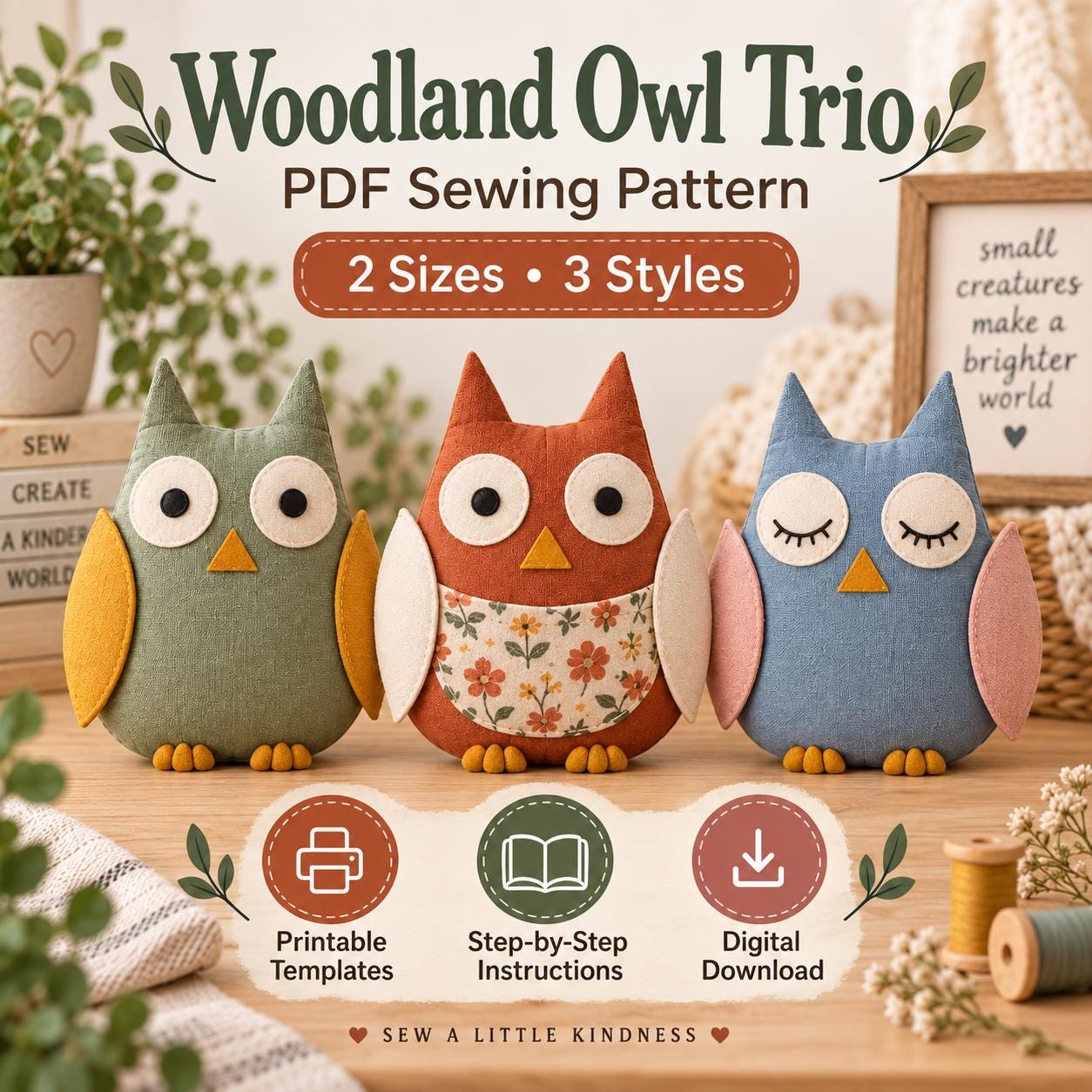 New Owl Sewing Pattern PDF, Stuffed Animal Plush Pattern, Woodland Owl Trio, 2 Sizes 3 Styles, Begin