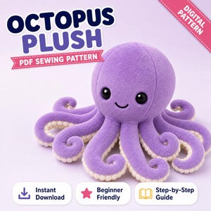 Patron de couture pour peluche pieuvre | Modèle PDF facile à télécharger (téléchargement numérique) + 35 superbes coloriages de pieuvres inclus