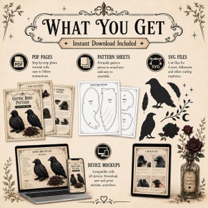 May include: A digital craft pattern set titled Gothic Bird Pattern, including PDF tutorial pages, printable pattern sheets, SVG cut files, and device mockups. The set features illustrations of crows and roses, with instructions for assembly, displayed on a laptop, smartphone, and tablet screen.