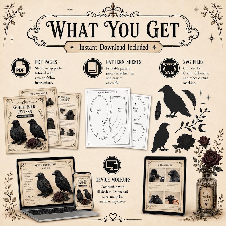 May include: A digital craft pattern set titled Gothic Bird Pattern, including PDF tutorial pages, printable pattern sheets, SVG cut files, and device mockups. The set features illustrations of crows and roses, with instructions for assembly, displayed on a laptop, smartphone, and tablet screen.
