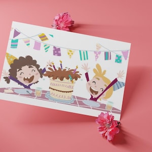 Kinder feiern Geburtstag mit Kuchen | Spaß Geburtstags-Video-Gruß | Digitale Nachricht & druckbare Karte.  Sofortiger Zugriff. Lebenslanger Zugriff