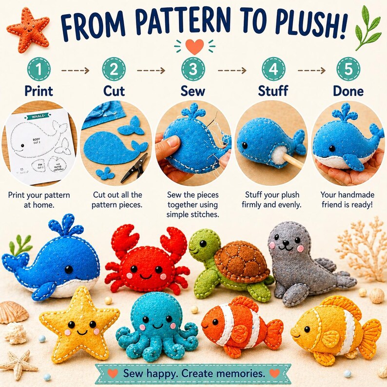 Coastal Felt Animals Sewing Pattern Bundle, 8 Sea Creatures (digital ...