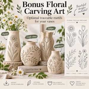 May include: Four beige speckled ceramic vases featuring carved floral motifs including daisies, leafy vines, tulips, and wildflowers. A vertical panel displays black line art templates labeled Floral Design Previews with instructions to trace, carve, and make it yours.