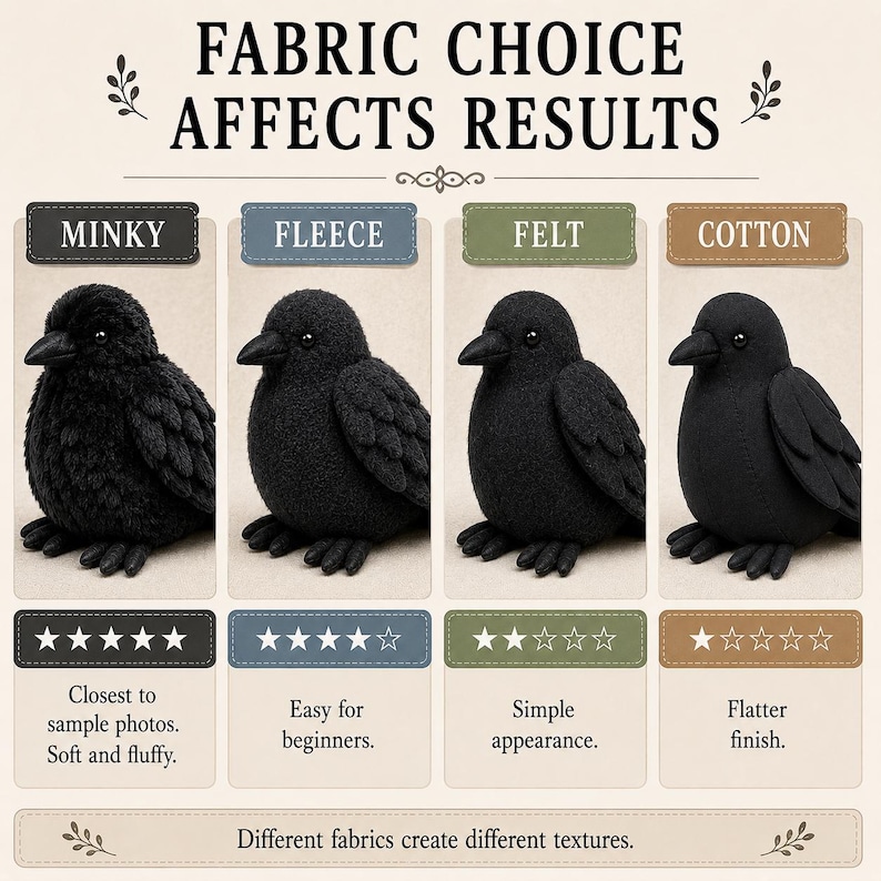 May include: An informational graphic titled FABRIC CHOICE AFFECTS RESULTS showing four black bird plushies made from minky, fleece, felt, and cotton. Each column displays the fabric name, a star rating, and a brief description of the texture.