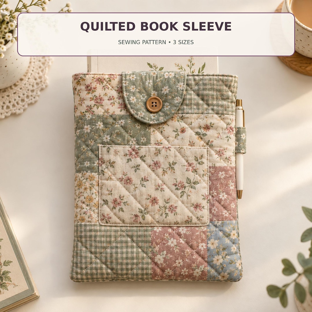 Quilted Book Sleeve Sewing Pattern PDF, 3 Sizes, Book Cover With Pocket