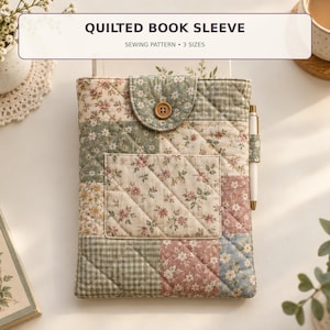 May include: A quilted book sleeve featuring a patchwork design of floral and gingham fabric in muted green, pink, and blue tones. The sleeve has a front pocket, a flap with a single brown button closure, and a side loop holding a white pen.