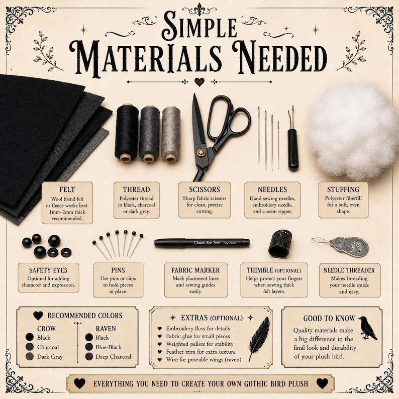 May include: A craft supply guide titled Simple Materials Needed, displaying black felt sheets, three spools of thread, black scissors, sewing needles, a seam ripper, white stuffing, safety eyes, pins, a fabric marker, a thimble, and a needle threader.