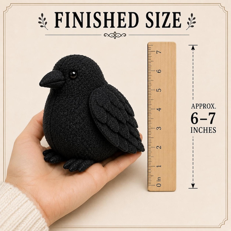 May include: A black plush crow figurine with a textured surface, a small beak, and dark eyes. A wooden ruler is positioned next to the bird, indicating a finished size of approximately 6 to 7 inches. The text FINISHED SIZE is visible at the top.