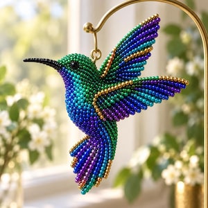 Patroon voor sculpturaal kolibrieborduurwerk met kralen (PDF), 3D vogelornament van zaadkralen, handleiding voor vleugels van vilt met draad, digitale download voor gevorderden