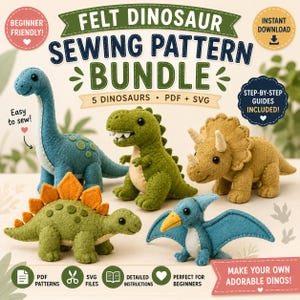 Könnte beinhalten: Ein Filz-Dinosaurier-Nähpaket mit fünf verschiedenen Dinosaurier-Designs. Das Bild zeigt einen blauen Brontosaurus, einen grünen T-Rex, einen beigen Triceratops, einen grünen Stegosaurus und einen blauen Pterodactylus. Der Text lautet "Anfängerfreundlich!"