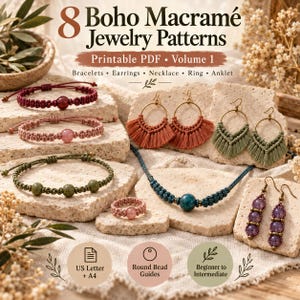 8 Macramé sieradenpatronen (PDF) | Boho armbanden, oorbellen, ketting, ring en enkelbandje | Geïllustreerde ontwerpen