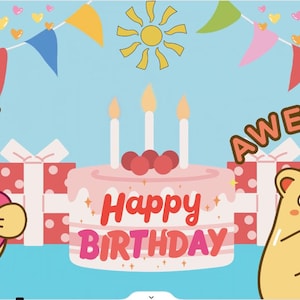 Cartão animado de feliz aniversário para crianças | Vídeo de aniversário de desenho animado com música | Ecard, acesso instantâneo. Enviar como Gif, e-mail, mensagem de vídeo de texto