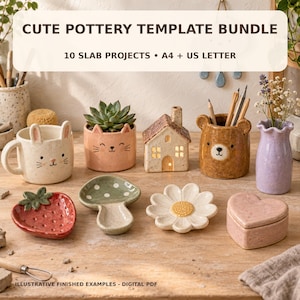 Cute Pottery Template Bundle PDF, 10 Slab Clay Patterns, Ceramic Handbuilding Templates, Beginner Pottery Projects, A4 & US Letter