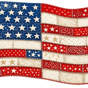 May include: A rectangular patchwork quilt featuring the design of the American flag. The quilt is constructed from various fabric squares in red, white, and blue, showcasing patterns including stars, gingham, paisley, and textured white stitching.