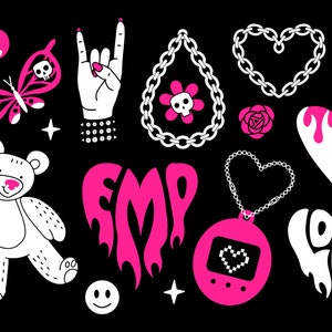 Butterfly, kawaii bear, fire, flame, chain heart, tattoo and other icons in trendy emo goth 2000s style. Vector hand drawn illustration. 90s