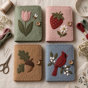 Könnte beinhalten: Vier rechteckige Filzhüllen mit gestickten Motiven: eine salbeigrüne Hülle mit rosa Tulpe und Biene, eine hellrosa Hülle mit Erdbeere und Gänseblümchen, eine hellbraune Hülle mit Eichel und Eichenblättern sowie eine blaue Hülle mit einem roten Kardinalvogel.