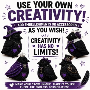 Gothic Crow Raven Plush Sewing Pattern Bundle, PDF Felt Bird Tutorial, Dark Academia Decor image 18