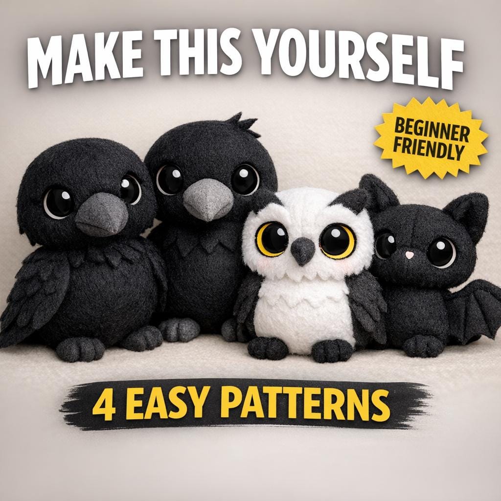 Gothic Bird Sewing Pattern Bundle, Crow Raven Owl Bat Plush PDF, Beginner Sewing Pattern, Felt Anima