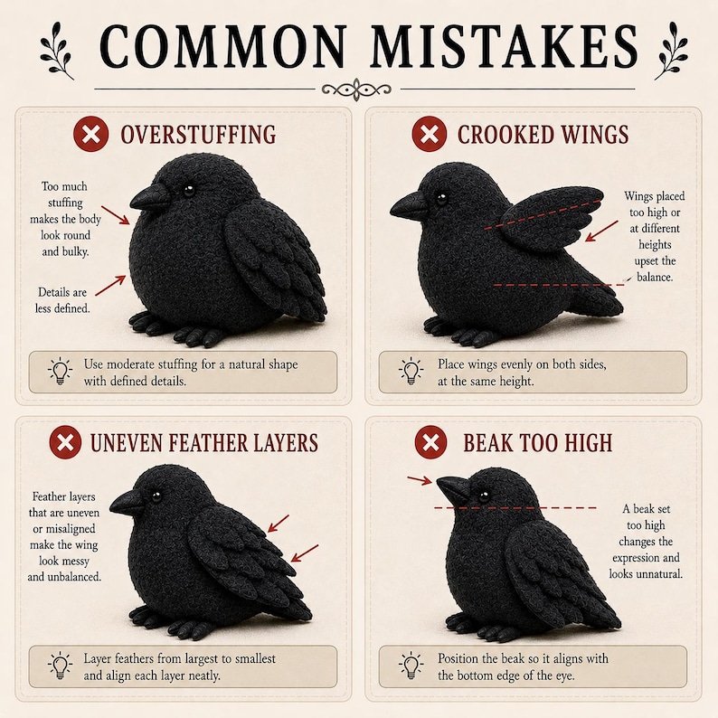 May include: An instructional graphic titled COMMON MISTAKES featuring four panels with black bird figures. Each panel illustrates errors like overstuffing, crooked wings, uneven feather layers, and high beaks, with text explaining how to correct each issue.