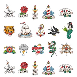 Old School Sailor Tattoo Stickers - Amerikaanse traditionele tattoo-stijl, gedurfde zwarte contouren, handgetekende ontwerpen, instant digitale download