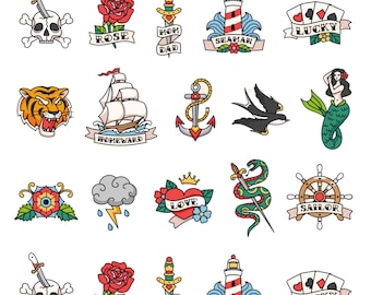 Old School Sailor Tattoo Stickers - American Traditional Tattoo Style, Bold Black Outlines, Hand-Drawn Designs, Instant Digital Download
