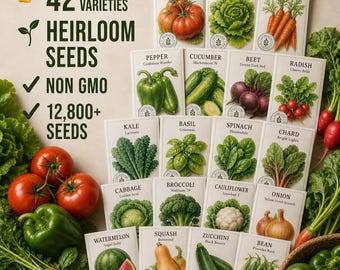 42 Variety Heirloom Vegetable Seed Pack, Non-GMO Seed Bank (12,800+ Seeds)