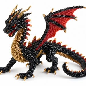 May include: A handcrafted beaded dragon figurine featuring a black body with gold underbelly and accents. The dragon has red wing membranes, red and gold spikes along its back, and gold claws. The entire surface is covered in small, uniform beads.