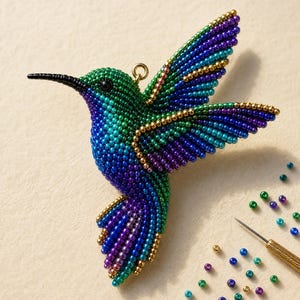 May include: A hummingbird-shaped beaded ornament crafted with iridescent blue, green, and purple seed beads, featuring a long black beak and a small gold-toned metal loop at the top for hanging, accompanied by loose beads and a needle.