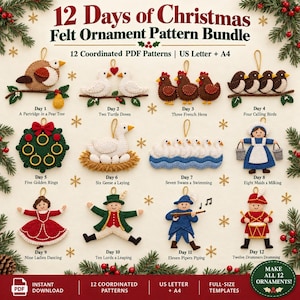 Pode incluir: Um pacote de padrões de enfeites de feltro dos 12 dias de Natal com 12 padrões PDF coordenados para tamanhos US Letter e A4. A imagem mostra enfeites de feltro para cada dia, incluindo uma perdiz, rolinhas, galinhas, pássaros, anéis, gansos, cisnes, criadas, damas, lordes, flautistas e tamborileiros.