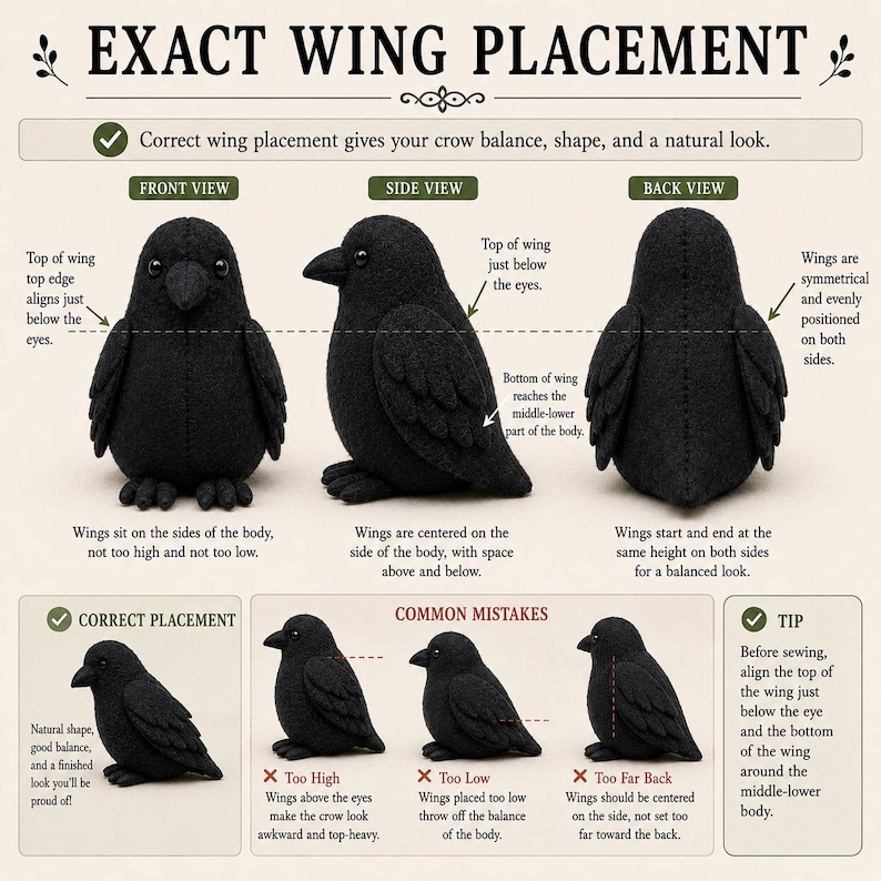 May include: An instructional graphic titled EXACT WING PLACEMENT showing front, side, and back views of a black crow plush toy. It illustrates correct wing positioning relative to the eyes and body, with text labels and examples of common sewing mistakes.