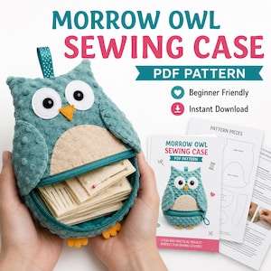 May include: A teal owl-shaped sewing case with a textured surface, white and black eyes, and an orange beak. The case features a zippered opening containing several rectangular fabric pieces. Beside it are printed PDF pattern instructions and pieces.