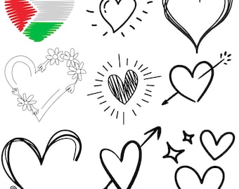 Hand Drawn Heart SVG Bundle, Doodle Sketch, Love Clip Art (PNG, PDF)