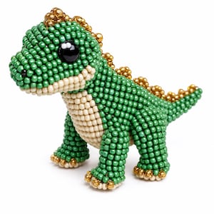May include: A small dinosaur figurine crafted from green, cream, and metallic gold beads. The creature features a rounded head with large black eyes, a cream-colored belly, and a row of gold beads running along its back and tail.