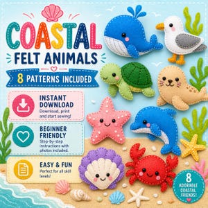 Op de afbeelding: Een verzameling viltpatronen van kustdieren, waaronder een walvis, een zeemeeuw, een schildpad, een zeehond, een zeester, een dolfijn, een krab en een schelp. De tekst luidt "Coastal Felt Animals" en "8 Patterns Included".