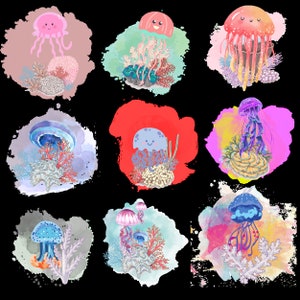 Jellyfish Watercolor Clipart,  Cute Unique Sea Creatures PNG, SVG, PDF Clip Art Graphics, Instant download | Commercial Use Allowed