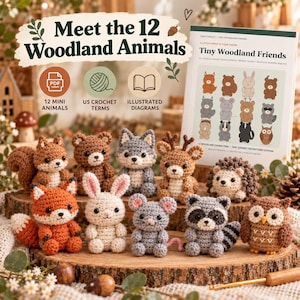 Wzór na szydełkowanie 12 małych zwierząt leśnych w formacie PDF, mini zestaw amigurumi, wzory na zwierzęta leśne o długości 2 cali, lis, królik, niedźwiedź, jeleń, sowa