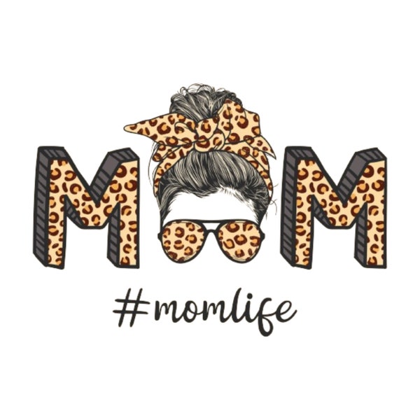 Mom life with messy bun hairstyle with leopard pattern headband and glasses hand drawn vector illustration Clip Art. png, pdf, JPEG files