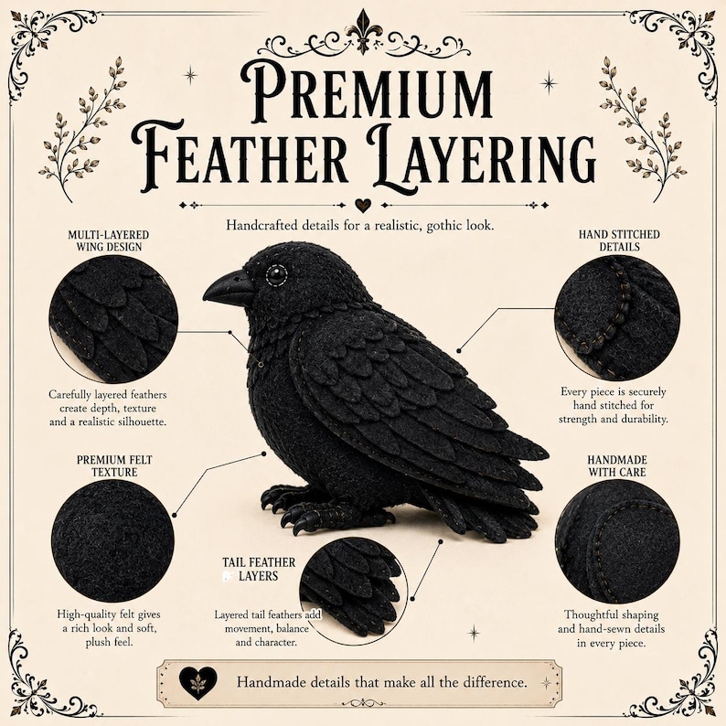 May include: A black felt crow figurine featuring multi-layered wing and tail feathers, hand-stitched details, and a soft texture. The image includes text: PREMIUM FEATHER LAYERING, Handcrafted details for a realistic, gothic look, and Handmade details that make all the difference.
