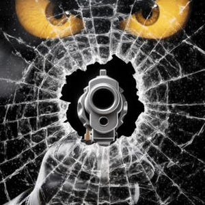 Könnte beinhalten: Eine silberne Handfeuerwaffe ist direkt auf den Betrachter gerichtet, durch eine zerbrochene Glasoberfläche. Der Hintergrund zeigt zwei gelbe Augen, die durch das zerbrochene Glas blicken, was eine dramatische und intensive Optik erzeugt.