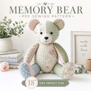 Puede incluir: Un oso de peluche hecho de tela de retazos con patrones florales, de cuadros y de lunares en tonos verde, rosa y azul. El oso tiene ojos de botón negros y una nariz bordada. El texto dice MEMORY BEAR PDF SEWING PATTERN y 18".