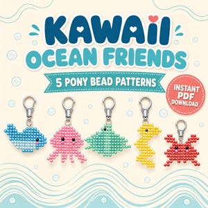 Kawaii Ocean Pony Bead Patterns PDF Bundle: 5 Animal Keychain and Bead Pet Charts