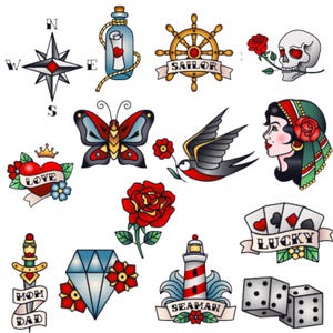 Set di vettori per tatuaggi Old School - Disegni per tatuaggi tradizionali da marinaio americano, illustrazioni professionali in stile western. Download immediato.