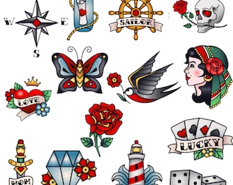 American Traditional Tattoo Vector Set – Sailor & Western Designs (Digital Download)