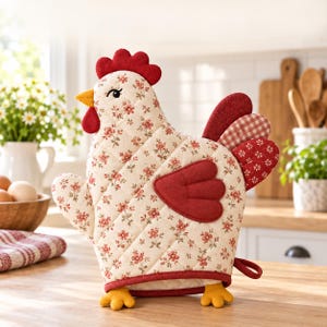 Può includere: Un guanto da forno a forma di gallina in tessuto color crema con un piccolo motivo floreale rosso. Il guanto presenta cresta, bargigli e ala rossi, con becco e zampe gialli. Le piume della coda includono un dettaglio in tessuto a quadretti.