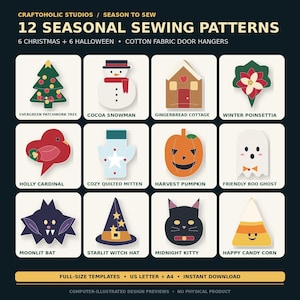 Può includere: Una collezione di 12 cartamodelli stagionali per appendiporta in tessuto di cotone di Craftoholic Studios. Include 6 disegni natalizi come un albero e un pupazzo di neve, e 6 disegni di Halloween come una zucca e un fantasma, con modelli a grandezza naturale.